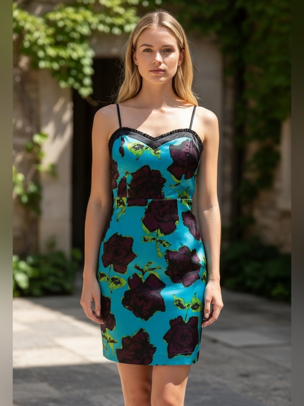 Kensie Women’s Floral Satin Mini Dress Size 12 Blue Purple Adjustable Straps